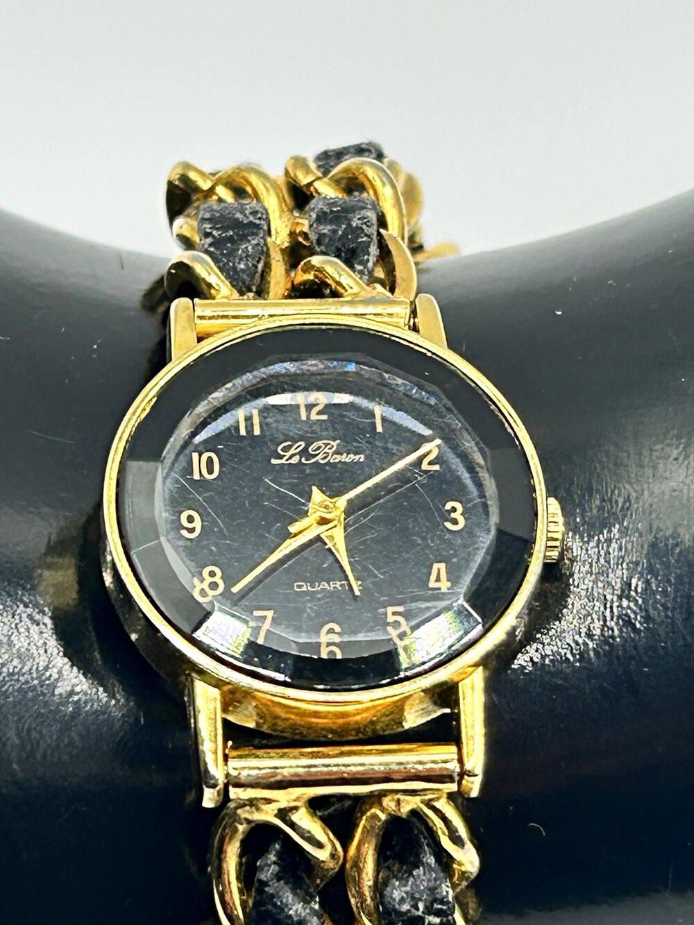 Vintage Le Baron Women’s Quartz Gold Tone black leather Bracelet Watch